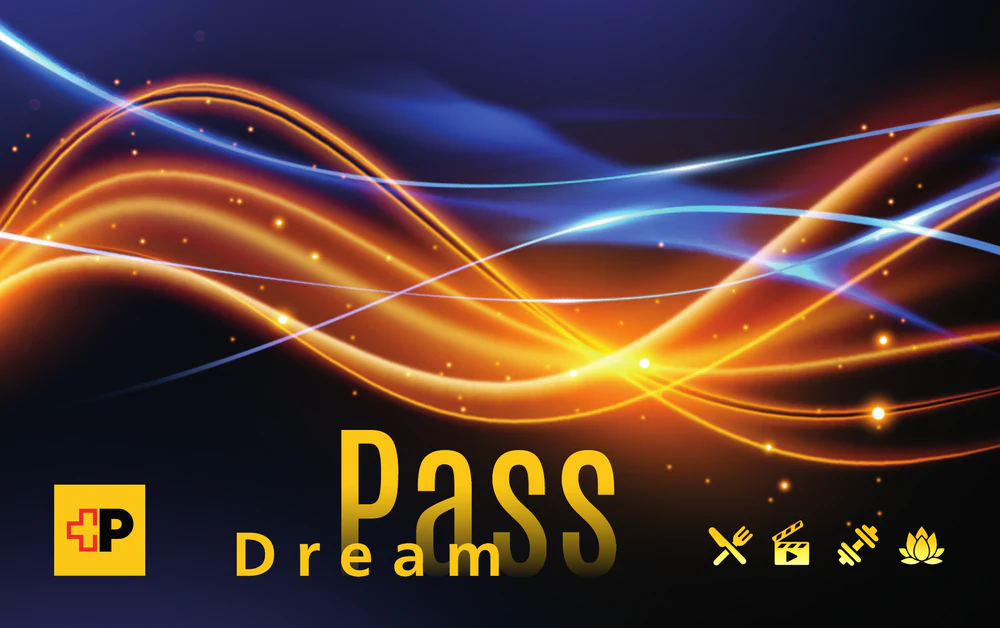 Recto de la carte DreamPass, avec le logo de La Poste Suisse et les pictogrammes restauration, cinéma, sport et bien-être
